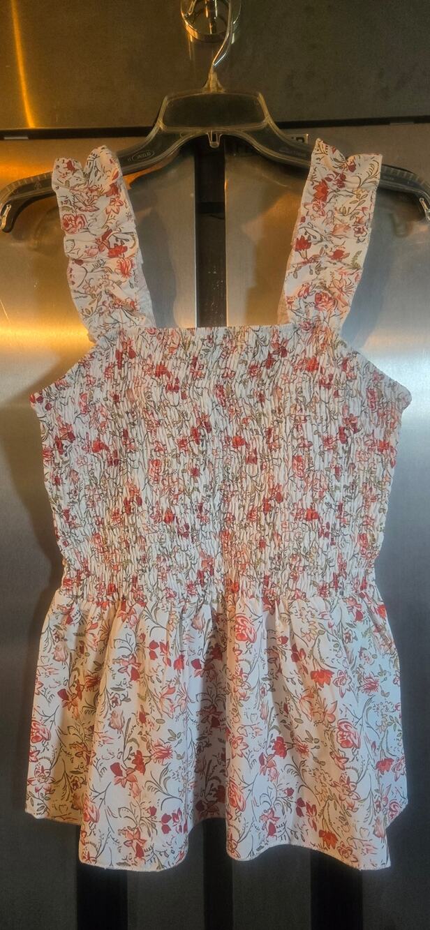Shein White Floral Print Smocked Ruffle Strap Peplum Top Size L